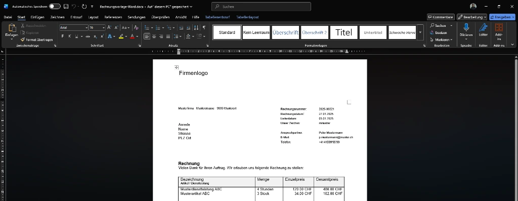 Word Rechnungs Vorlage
